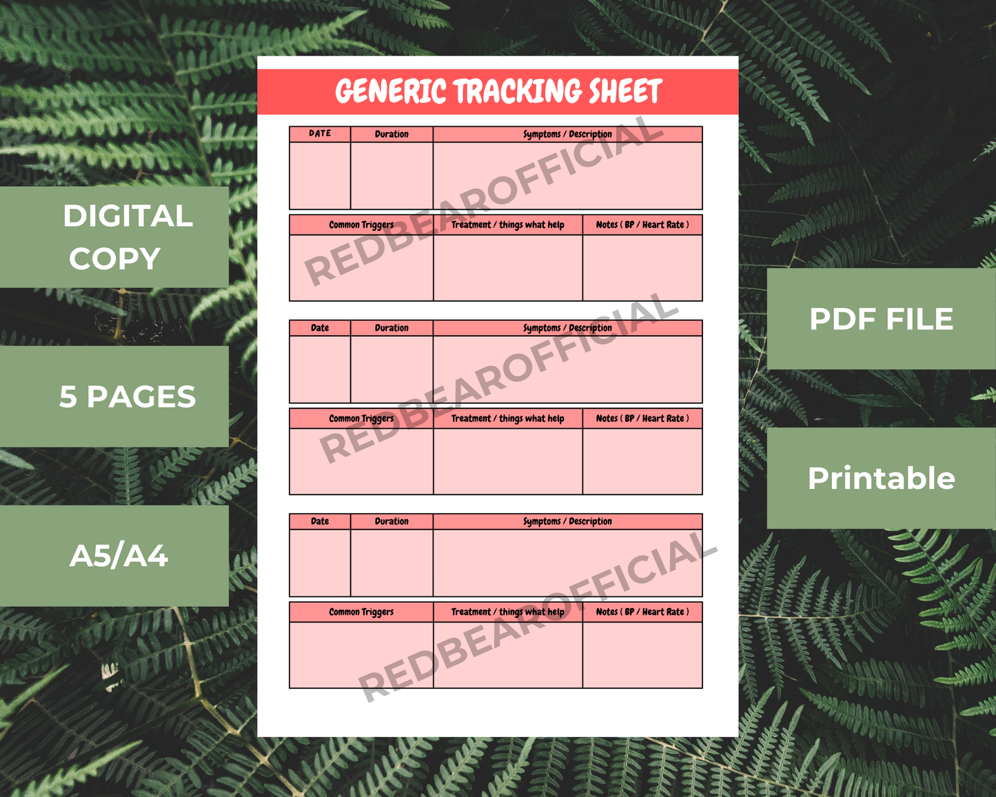 Generic Tracking Sheets | Digital Download | Symptom, Frequency and more tracking sheets| Printable