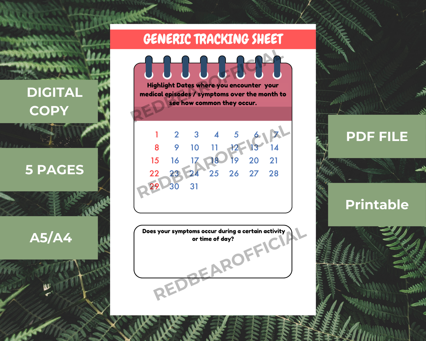 Generic Tracking Sheets | Digital Download | Symptom, Frequency and more tracking sheets| Printable