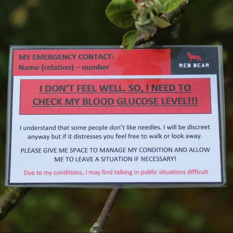 Check glucose level diabetes/disability communication & medical alert card