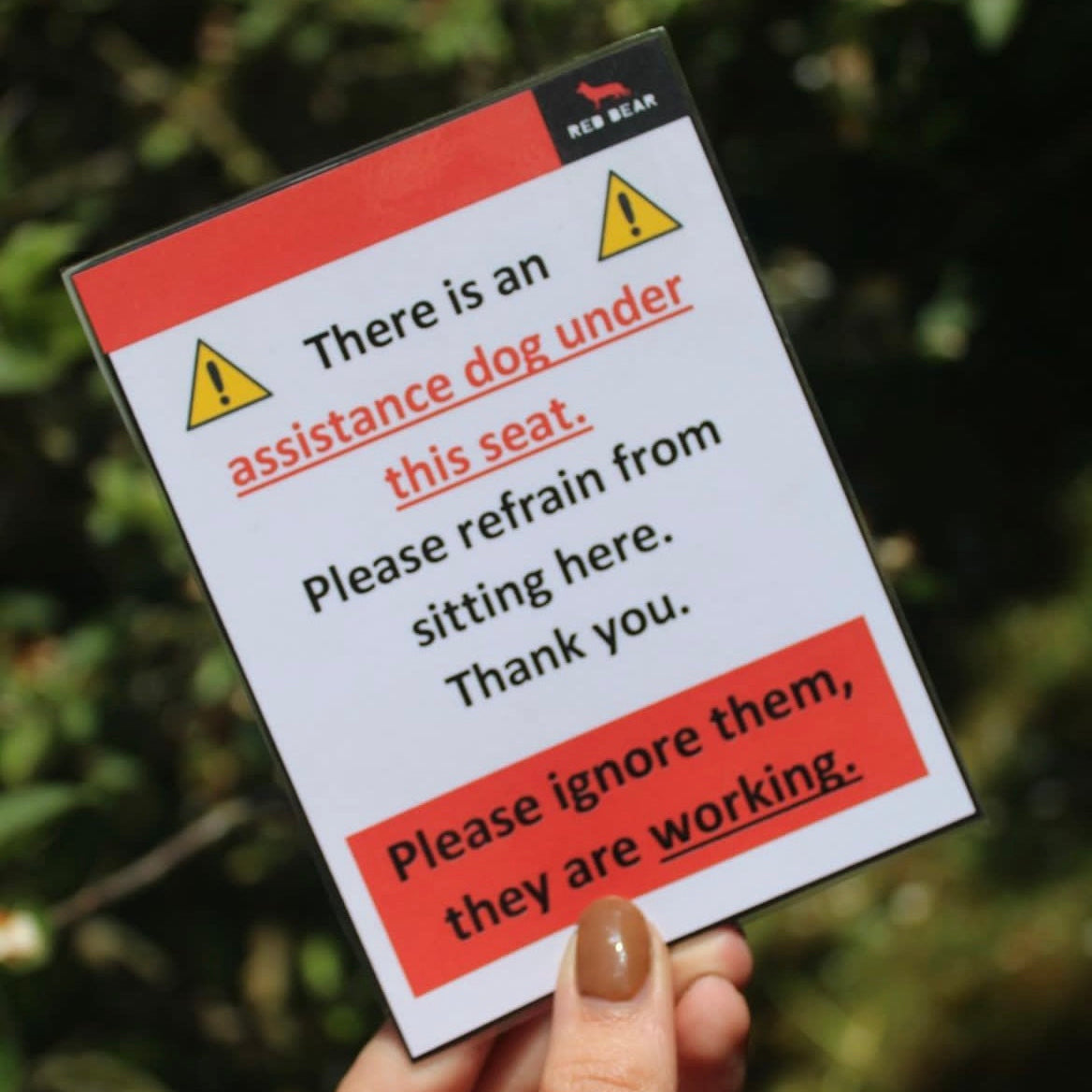 Working dog under seat communication/alert card