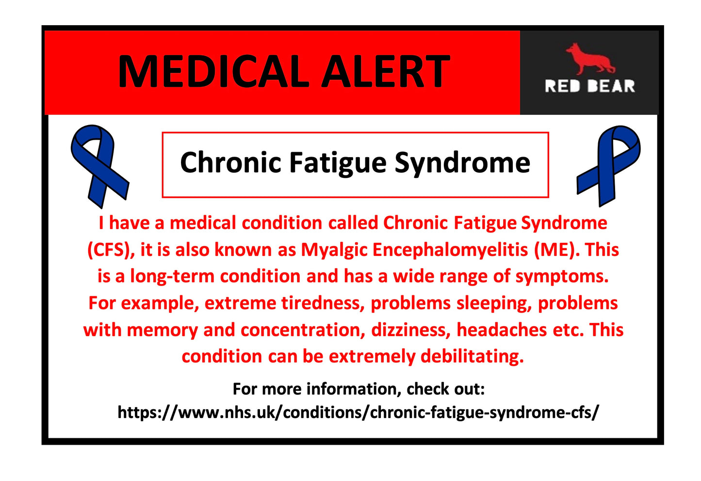 Medical alert Chronic Fatigue Syndrome communication card | CFS | ME