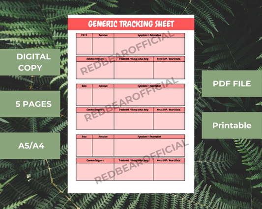 Generic Tracking Sheets | Digital Download | Symptom, Frequency and more tracking sheets| Printable