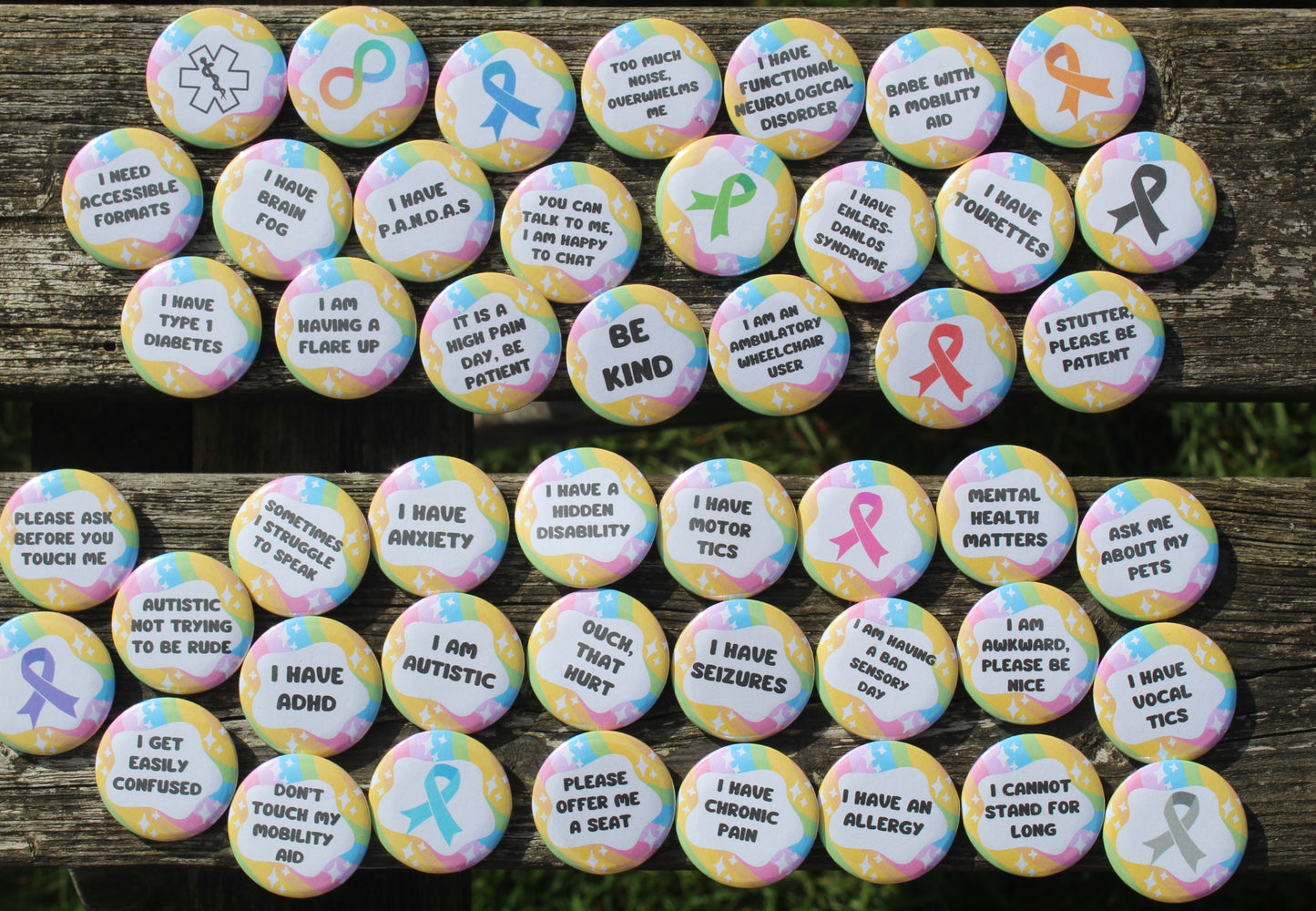 Rainbow disability | chronic illness | autism 32mm pin badges | 48 different designs