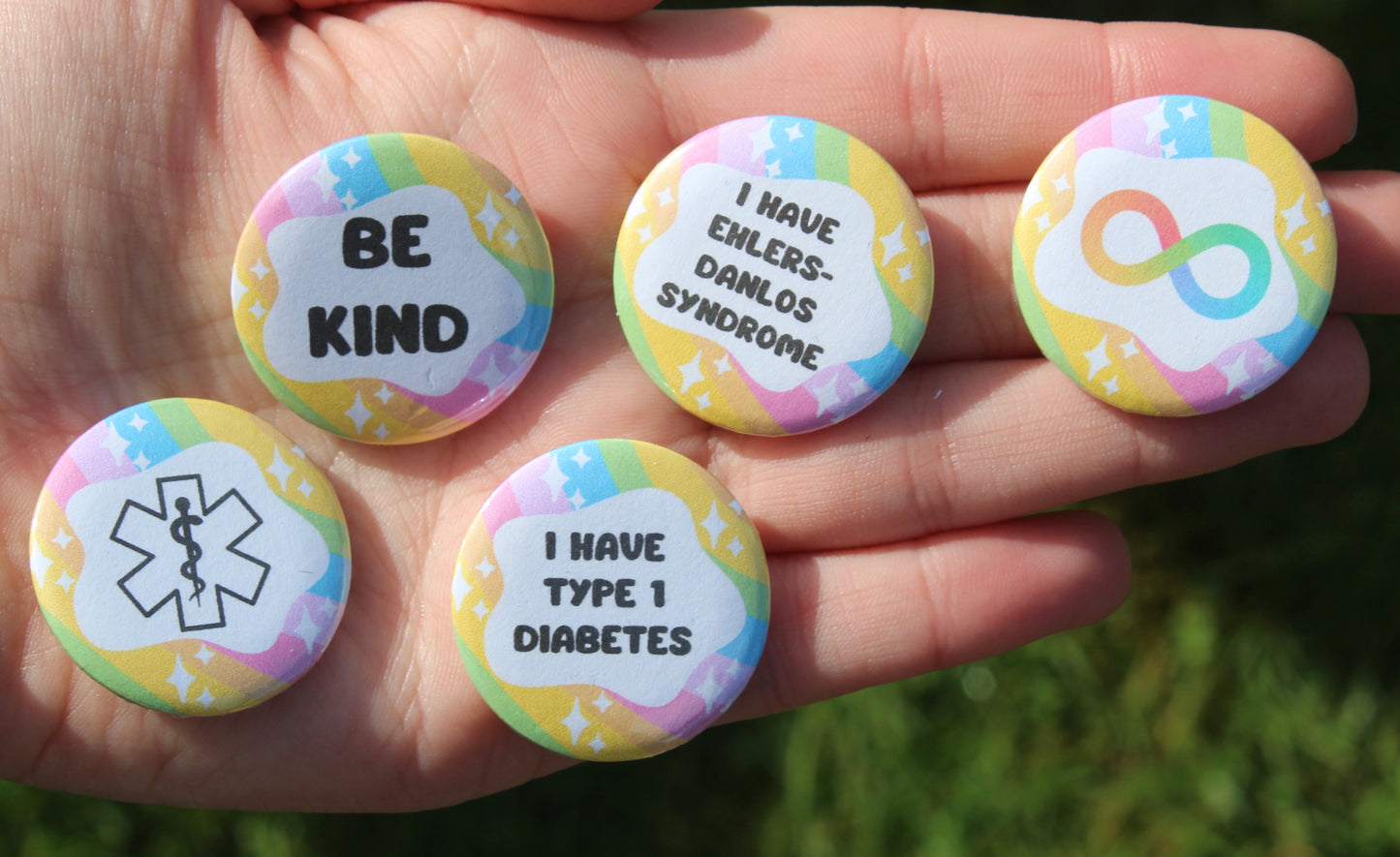 Rainbow disability | chronic illness | autism 32mm pin badges | 48 different designs