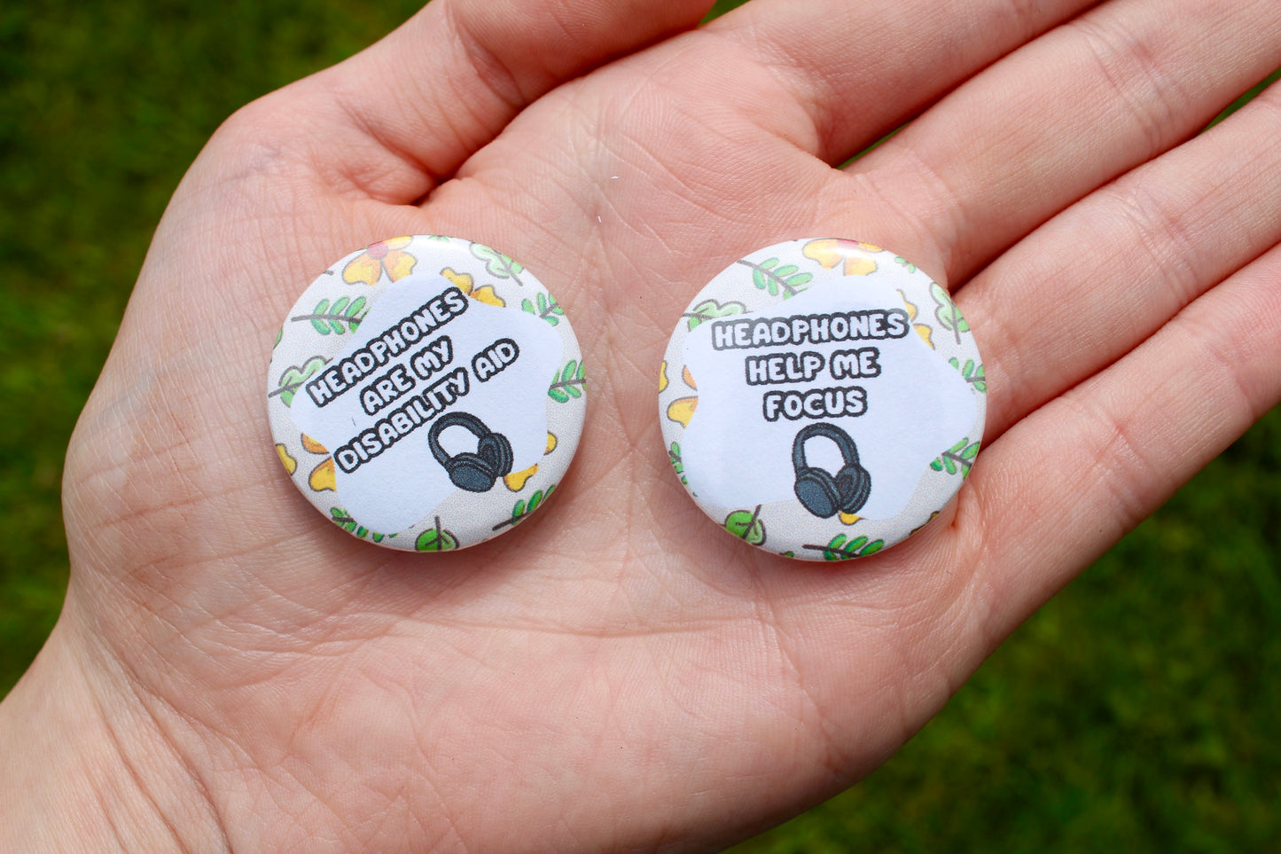 32mm Headphone themed non-verbal communication pin badges