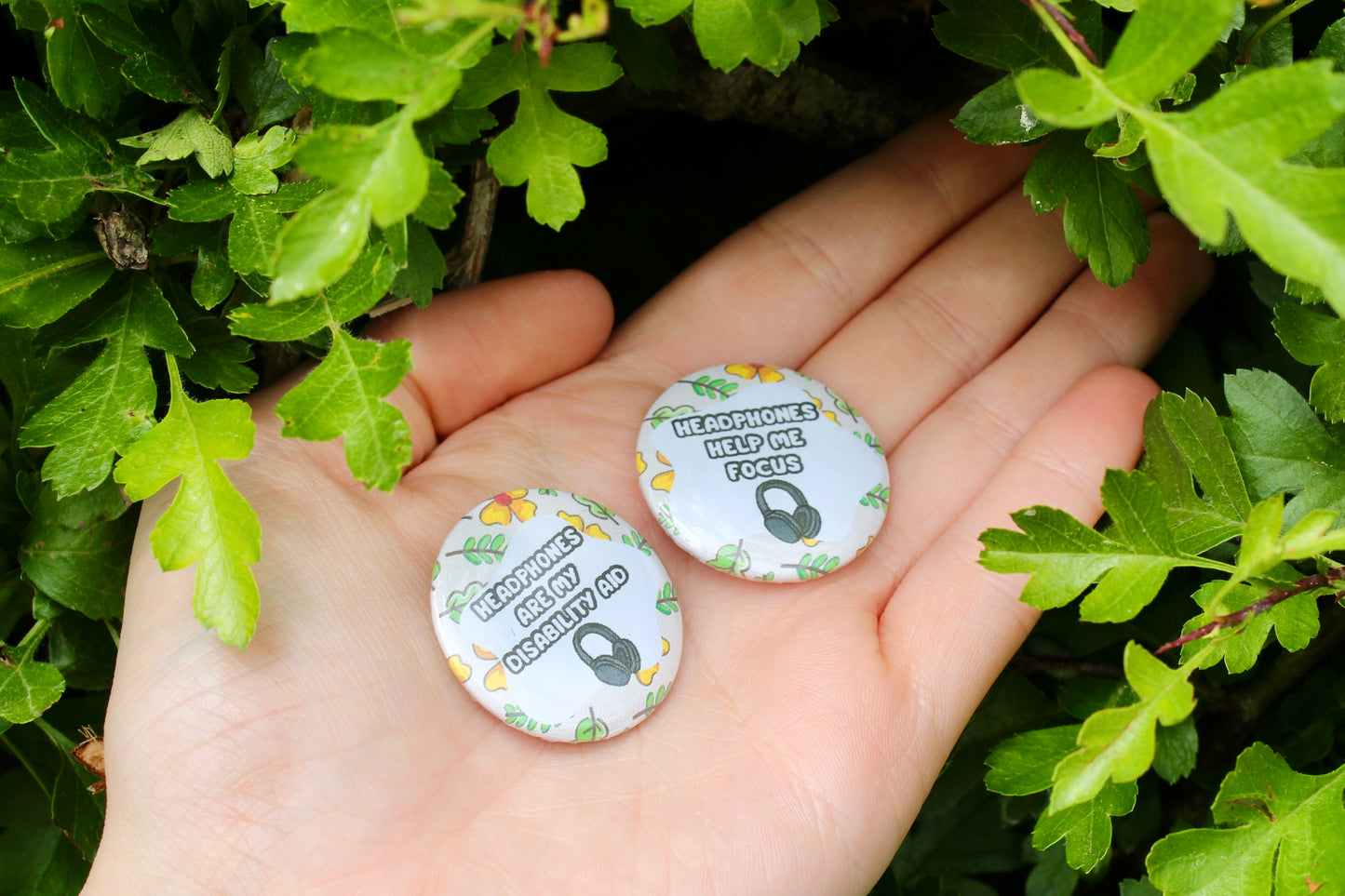 32mm Headphone themed non-verbal communication pin badges